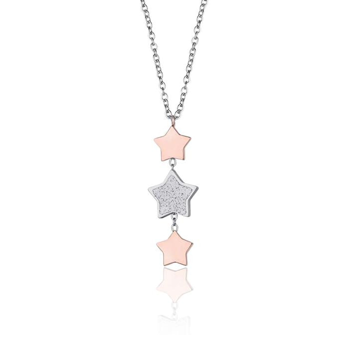Steel Necklace With Stars In Rose IP Steel And White Glitter