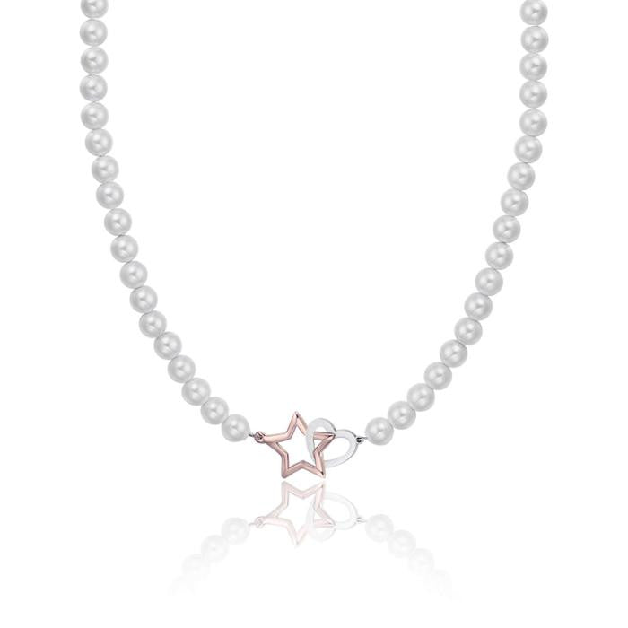 Collier en acier avec perles blanches, cœur et étoile en acier, IP Rose
