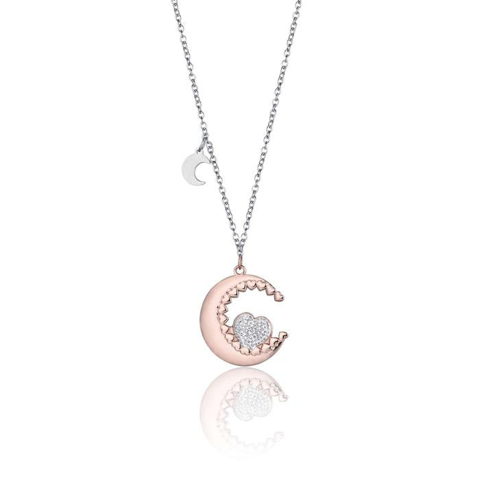 Collier en acier avec lune, rose et cœur avec cristaux blancs