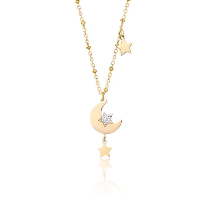 Ip Gold Steel Necklace With Moon And Stars And White Crystal