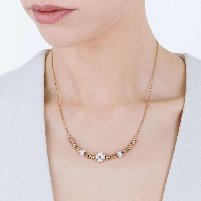 Collier en acier IP or rose avec trèfle à quatre feuilles et cristaux blancs