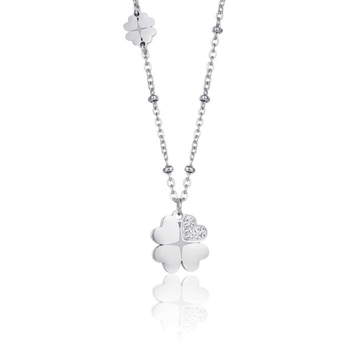 Collier en acier avec trèfles à quatre feuilles et cristaux blancs