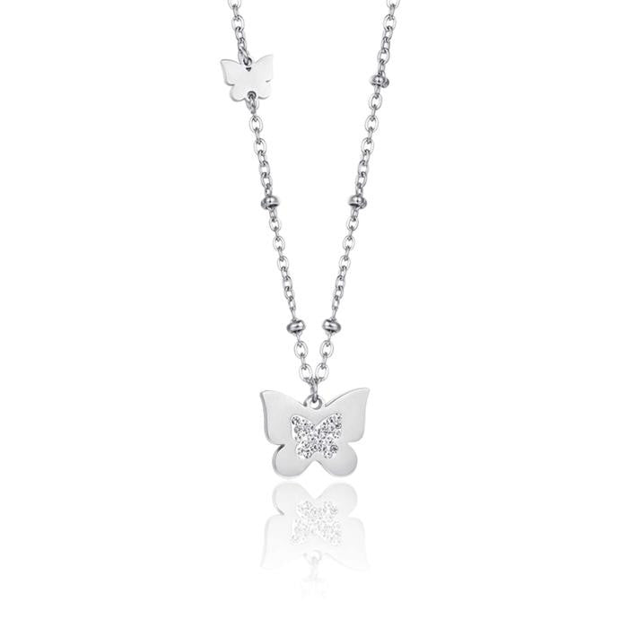 Collier en acier avec papillons et cristaux blancs