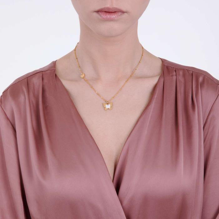 Collier en acier doré IP avec papillons et cristaux blancs