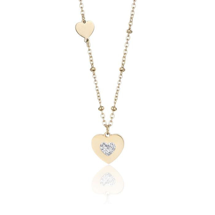 Collier en acier doré IP avec cœurs et cristaux blancs