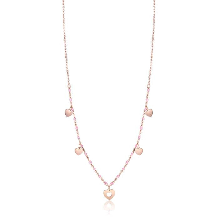 Collier en acier Ip Rose avec cœurs et pierres roses
