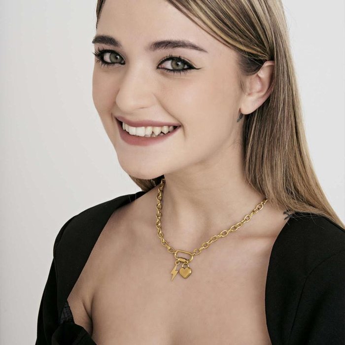 Collana in acciaio ip gold con fulmine e cuore