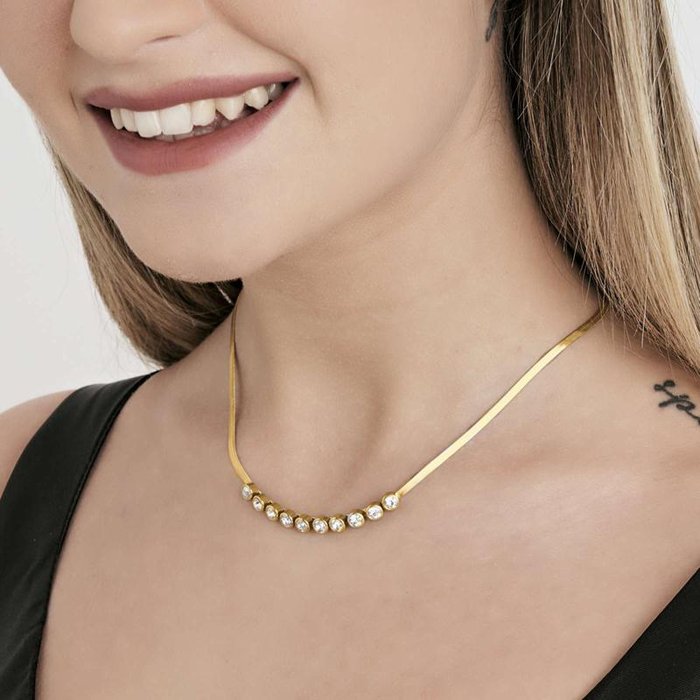 IP gold steel necklace with white stones