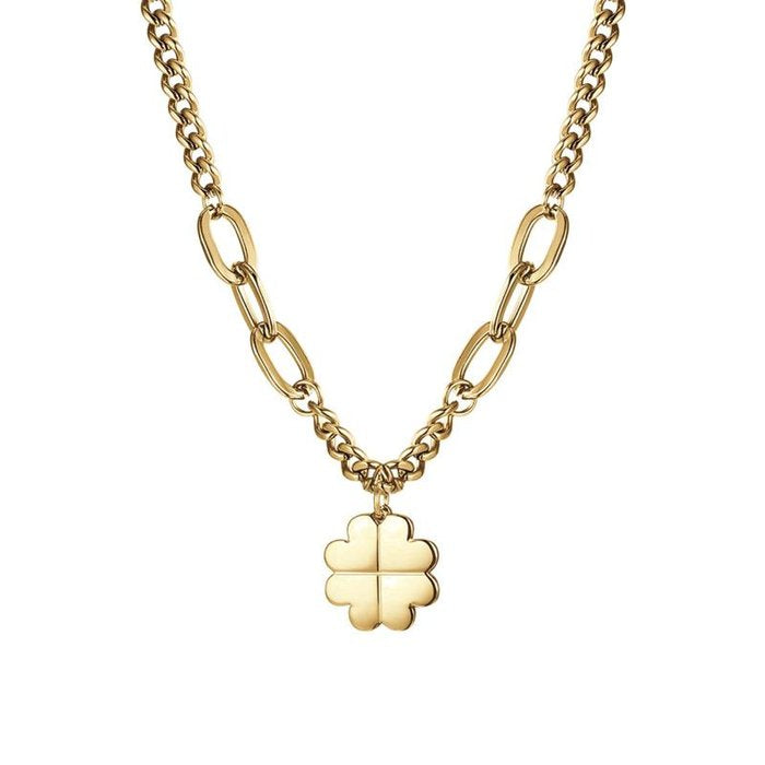 IP gold steel necklace with four-leaf clover