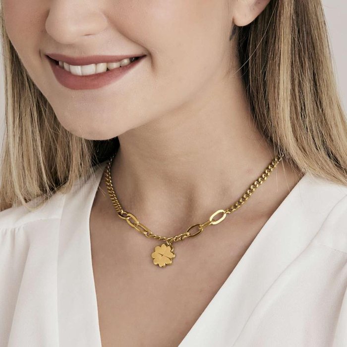 IP gold steel necklace with four-leaf clover