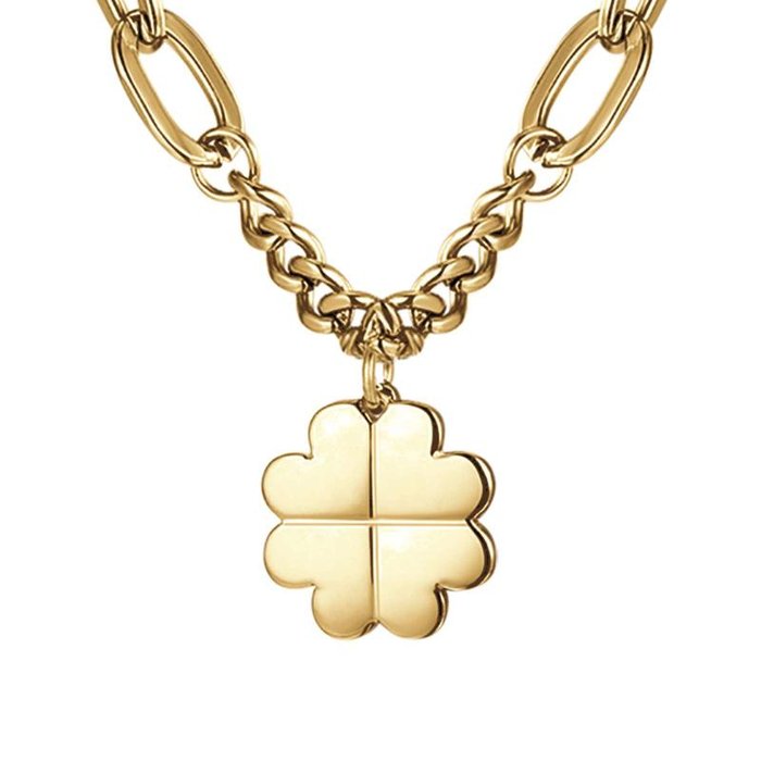 IP gold steel necklace with four-leaf clover