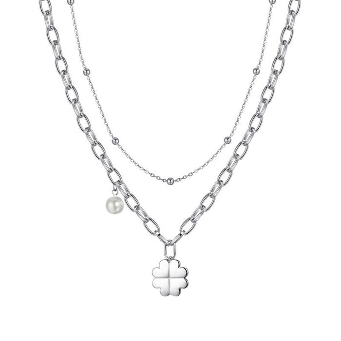 Steel necklace with four-leaf clover and pearl