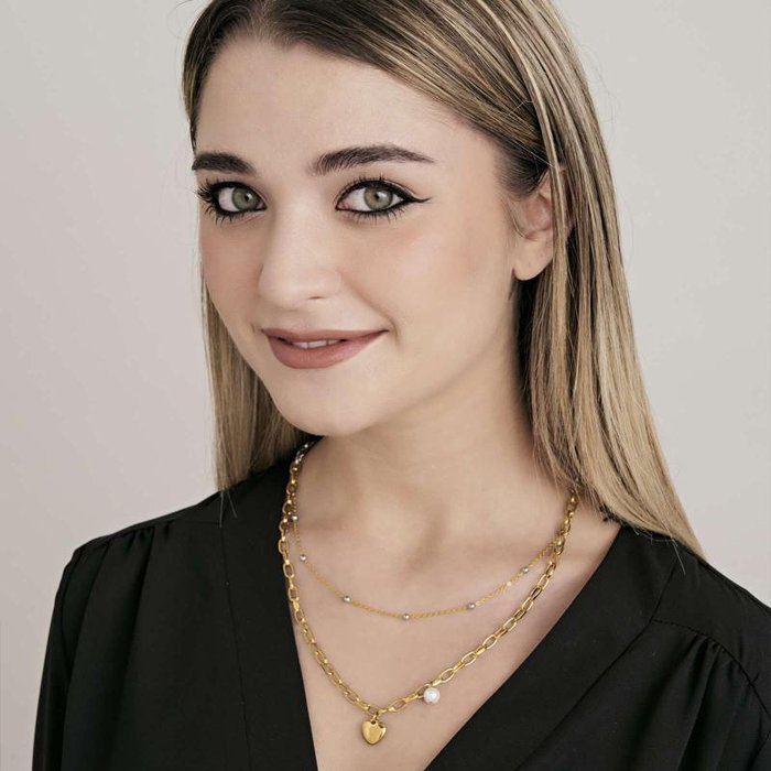 Collana in acciaio ip gold con cuore e perla