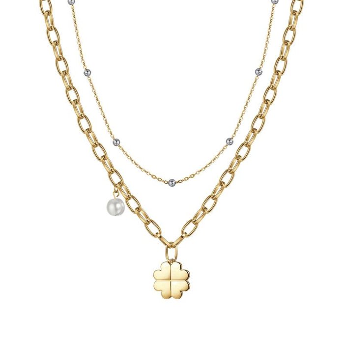 IP gold steel necklace with four-leaf clover and pearl