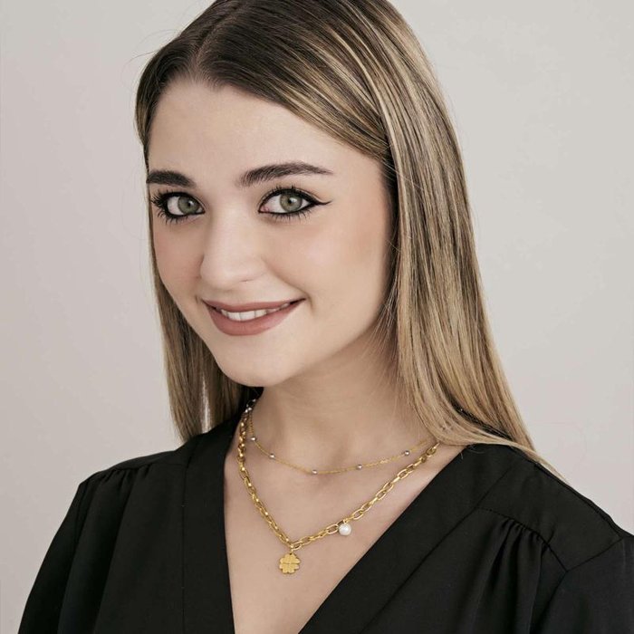 IP gold steel necklace with four-leaf clover and pearl
