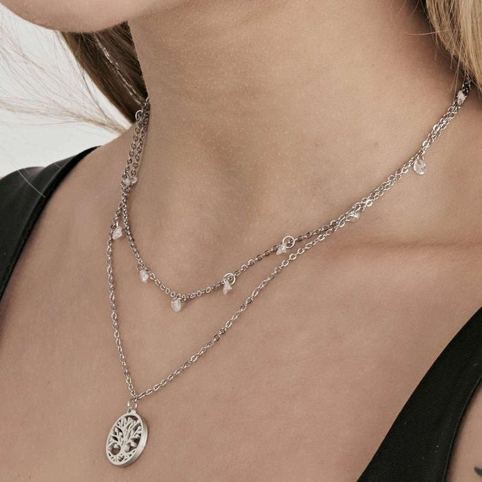 Steel necklace with tree of life and crystals