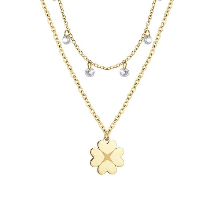IP gold steel necklace with four-leaf clover and crystals
