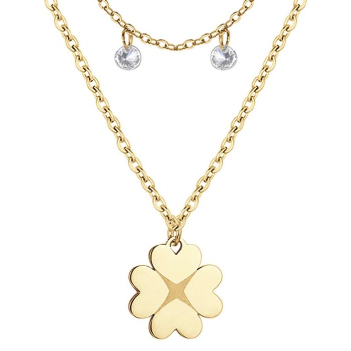 IP gold steel necklace with four-leaf clover and crystals