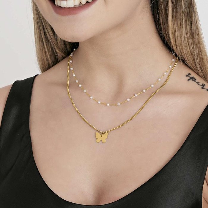 IP gold steel necklace with butterfly