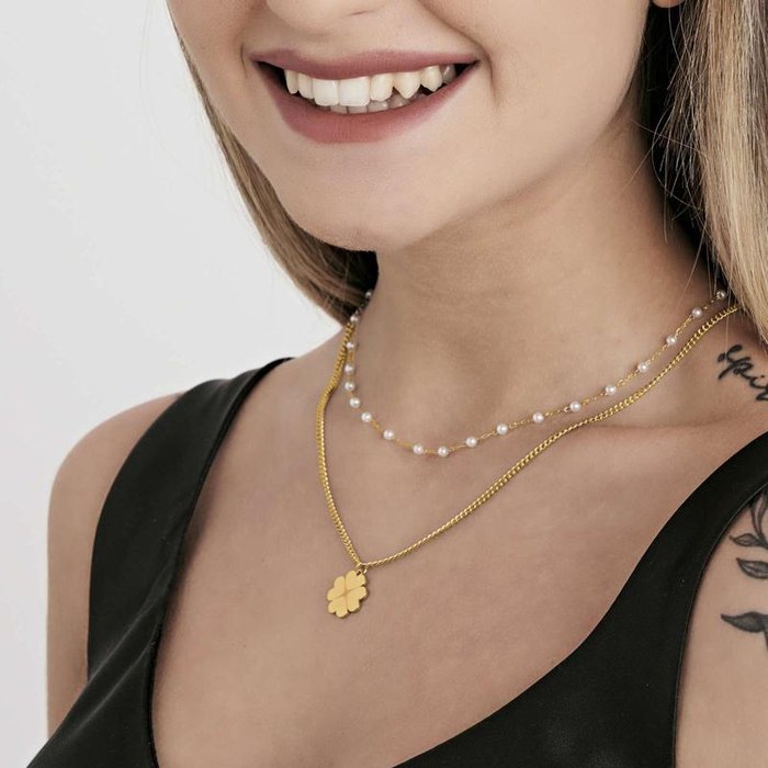 IP gold steel necklace with four-leaf clover
