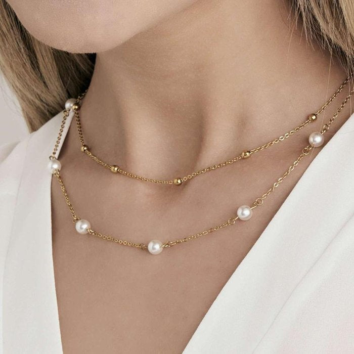 IP gold steel necklace with pearls