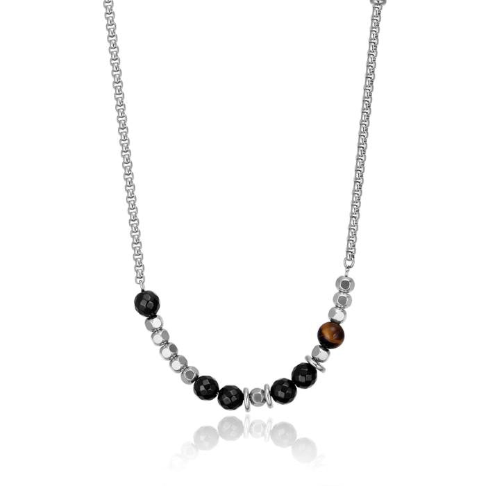 Collier en acier avec pierres œil de tigre et onyx