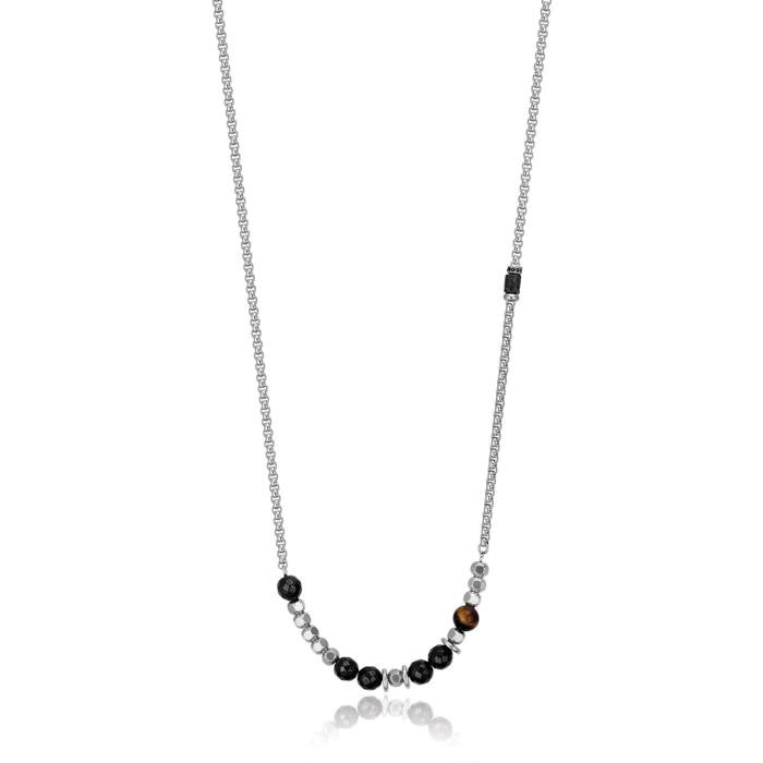 Collier en acier avec pierres œil de tigre et onyx