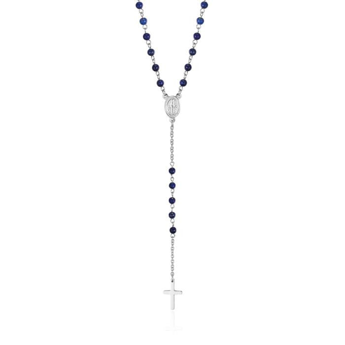 Steel Rosary Necklace With Lapis Stones