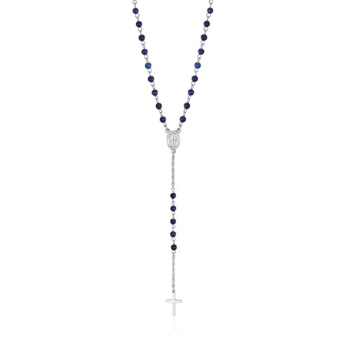 Steel Rosary Necklace With Lapis Stones
