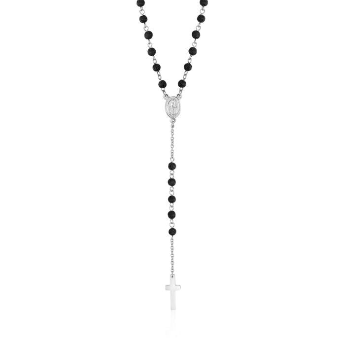 Collier chapelet en acier avec pierre de lave