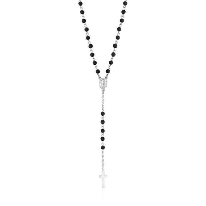 Collier chapelet en acier avec pierre de lave
