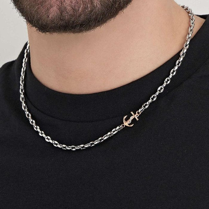 Collier en acier avec ancre en or rose