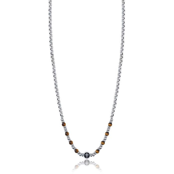 Collier en acier avec croix et œil de tigre