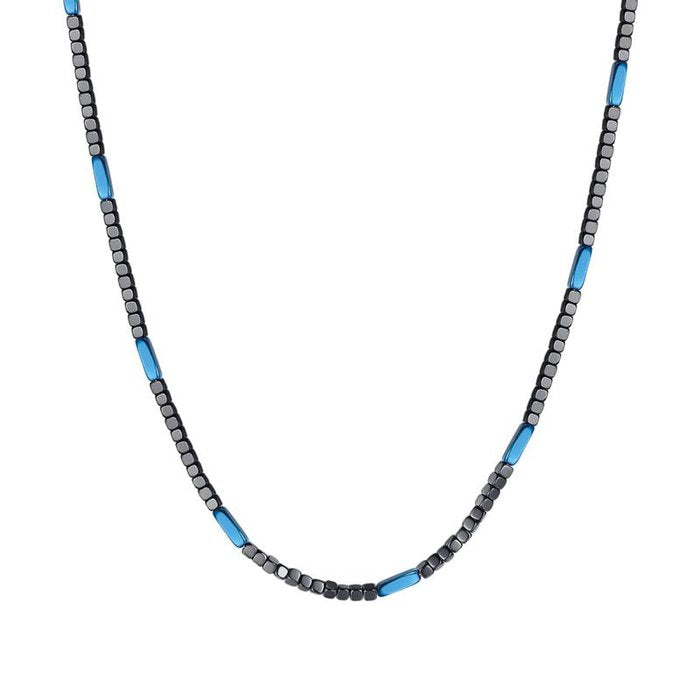 Steel necklace with gray and blue hematite