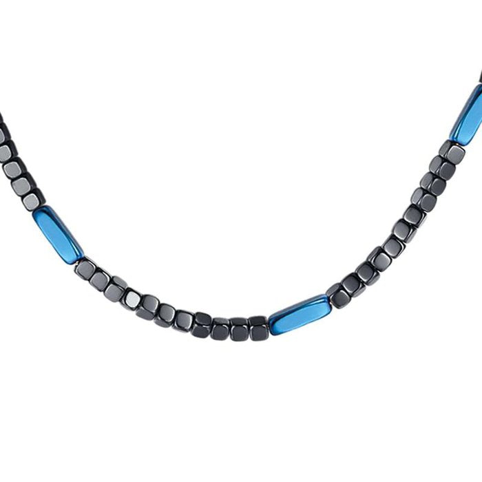 Steel necklace with gray and blue hematite