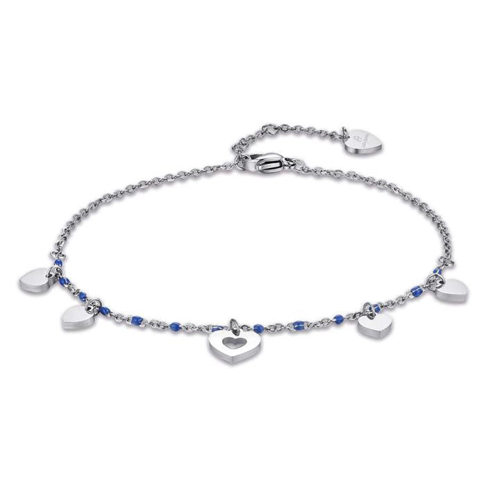 Steel Anklet With Hearts And Blue Stones