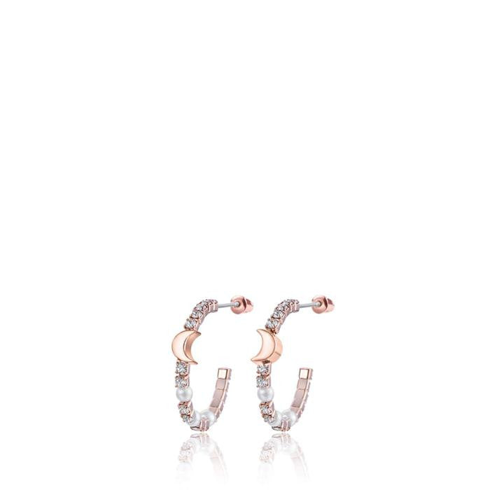 Boucles d'oreilles en métal rose avec cristaux de lune et perles blanches