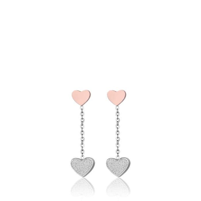 Steel Earrings With Rose IP Steel Hearts And White Glitter