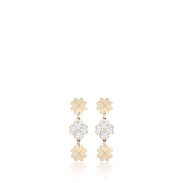 Boucles d'oreilles en acier doré avec trèfles à quatre feuilles et paillettes blanches