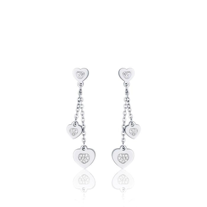Boucles d'oreilles en acier avec cœurs et cristaux blancs