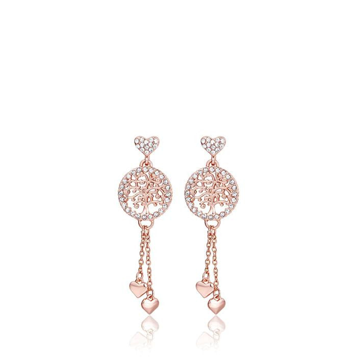 Rose Metal Earrings Tree Of Life With White Crystals