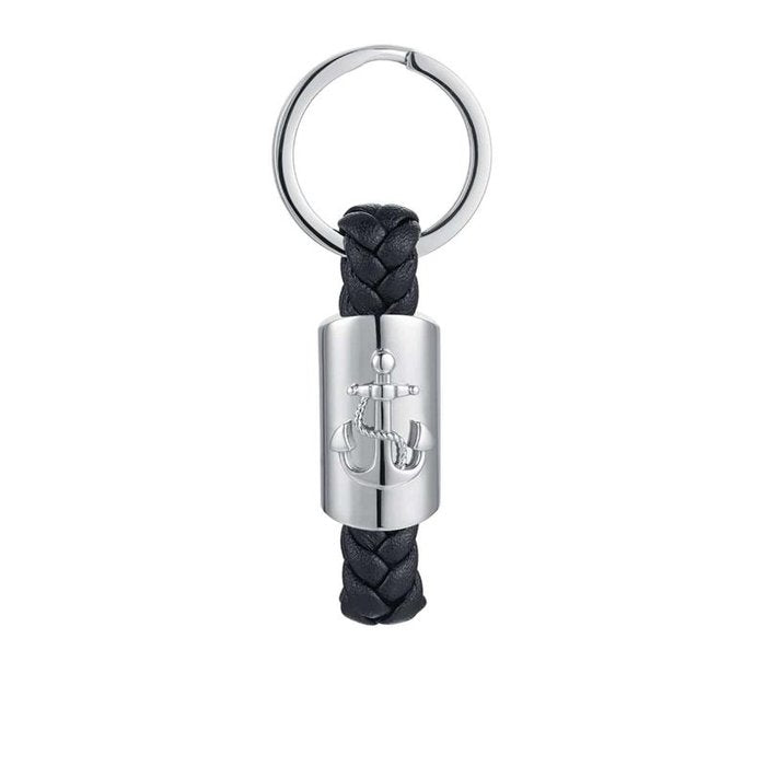 Steel and black leatherette key ring with anchor