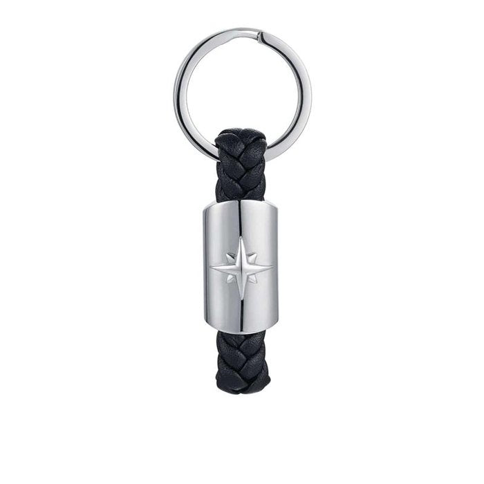 Steel and black imitation leather key ring with compass rose