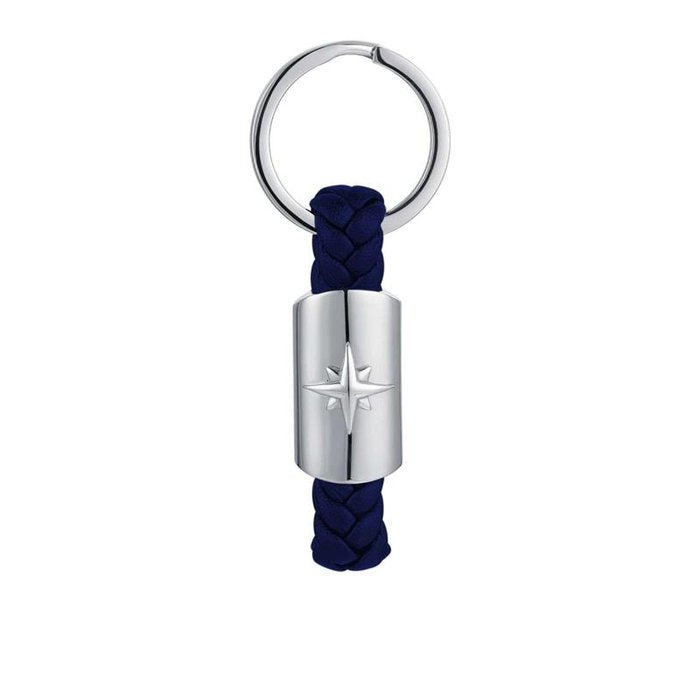Steel and blue leatherette key ring with compass rose