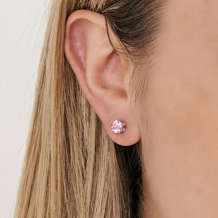 BOUCLE D'OREILLE UNIQUE POINT DE LUMIÈRE EN ACIER AVEC CRISTAL ROSE 3 MM