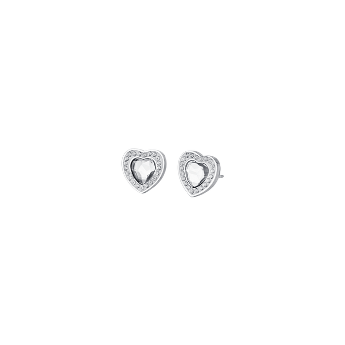 WOMEN'S STEEL EARRINGS WITH WHITE CRYSTAL HEARTS AND WHITE CRYSTALS