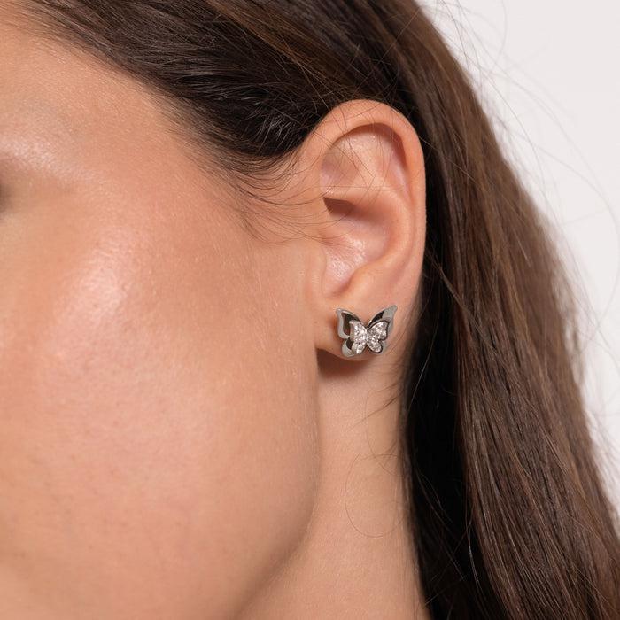BOUCLES D'OREILLES FEMME EN ACIER PAPILLONS AVEC CRISTAUX BLANCS