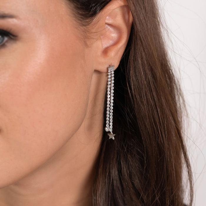 BOUCLES D'OREILLES FEMME EN ACIER AVEC CRISTAUX BLANCS ET ÉTOILES