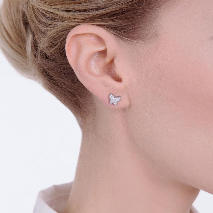 BOUCLES D'OREILLES FEMME EN ACIER AVEC PAPILLON ET CRISTAUX