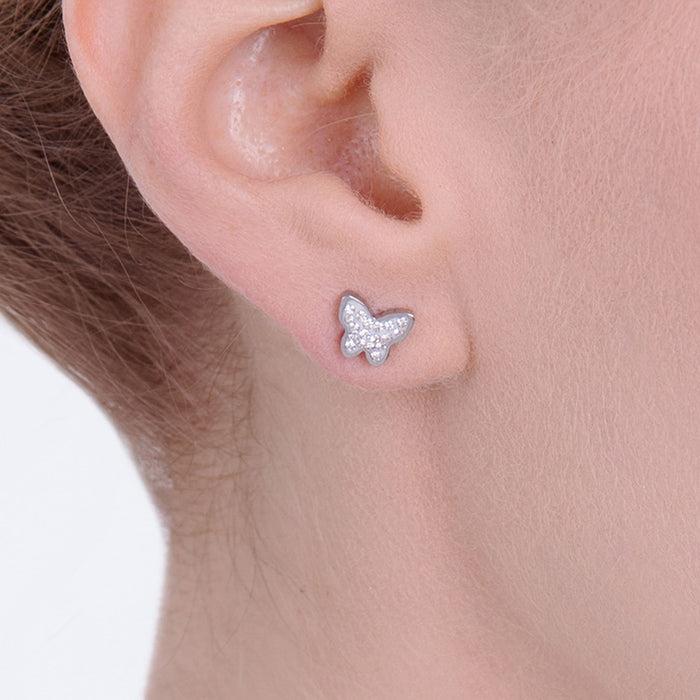 BOUCLES D'OREILLES FEMME EN ACIER AVEC PAPILLON ET CRISTAUX